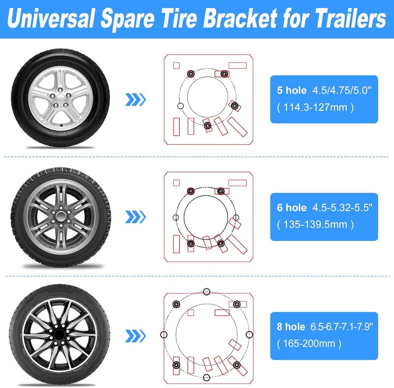 Foozet Trailer Spare Tire Mount Bracket, Heavy Duty Spare Tire Carrier Mount for Boat and RV, Fits 5 & 6 & 8 Lugs Wheels on 4.5'',4.75'',5.0",5.32",5.5",6.5",6.7",7.1" or 7.9" Bolt Patterns 160 Lbs - Image 3